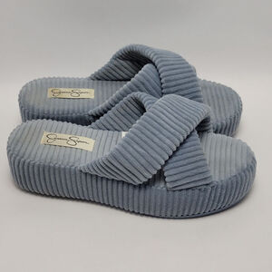 Jessica Simpson Sky Blue Corduroy Ribbed Terry Criss Cross Band Slippers 7-8 M